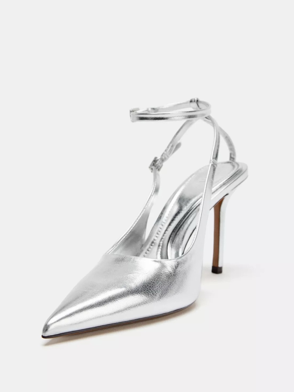 Zara Metallic Silver Pointed-Ankle Strap Pumps - Picture 3 of 5